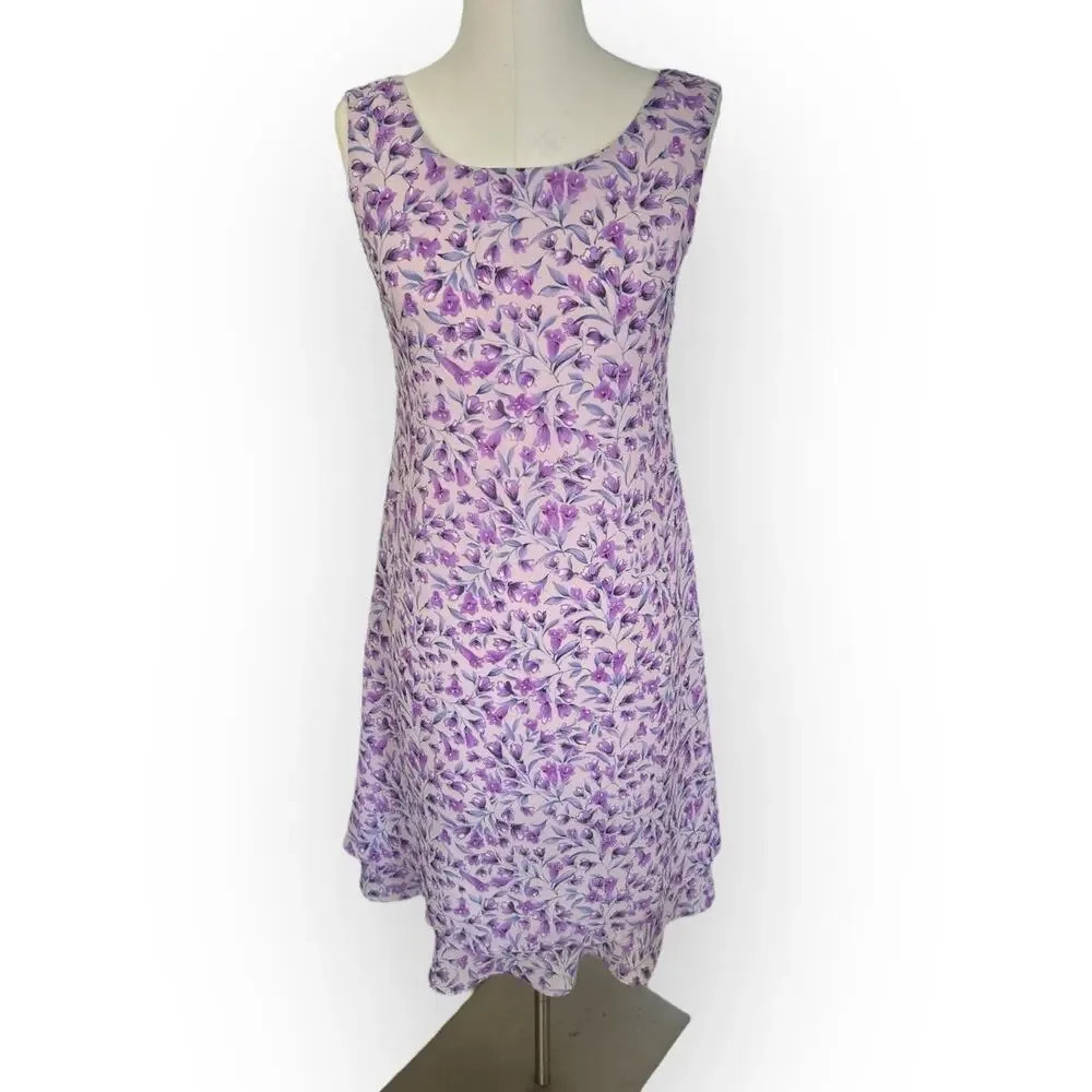Vintage 90s Y2K Bahari Sleeveless Midi Layered Slip Dress Purple Floral 4 Petite